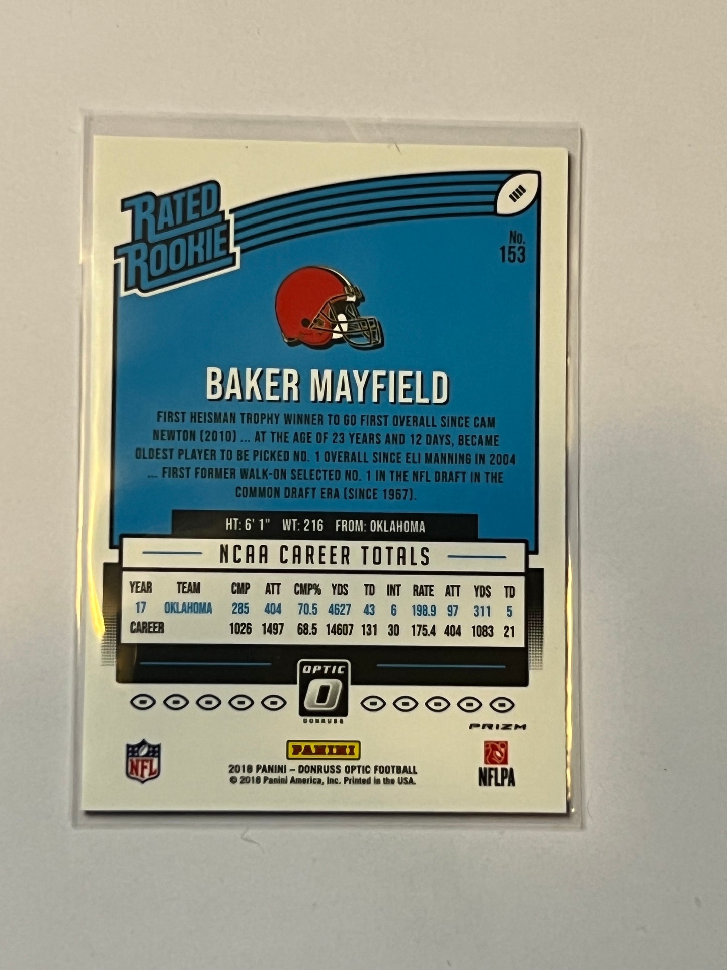 2018 DONRUSS OPTIC Baker Mayfield PINK PRISM ROOKIE CARD #153