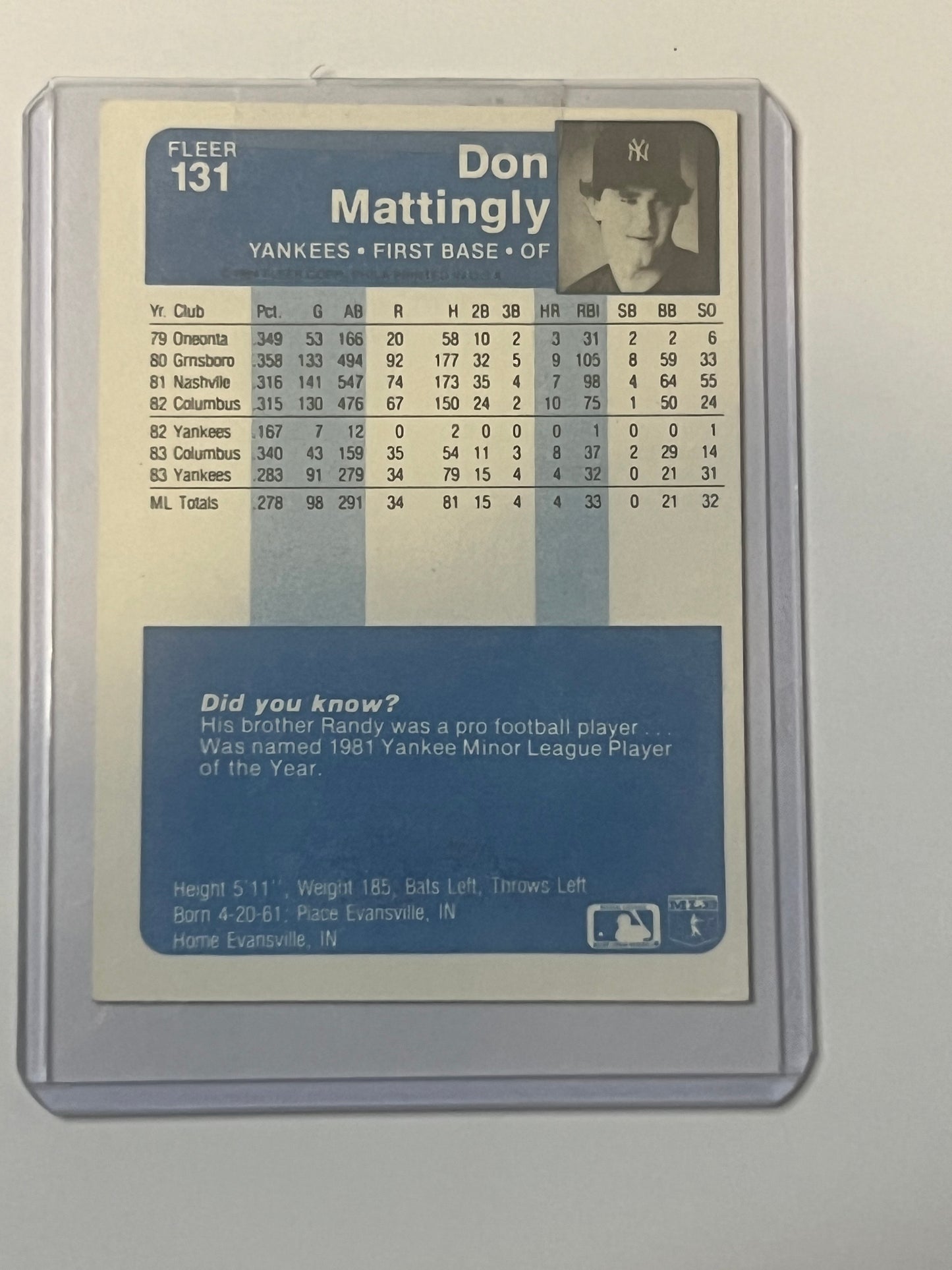 Don Mattingly 1984 FLEER ROOKIE CARD #131