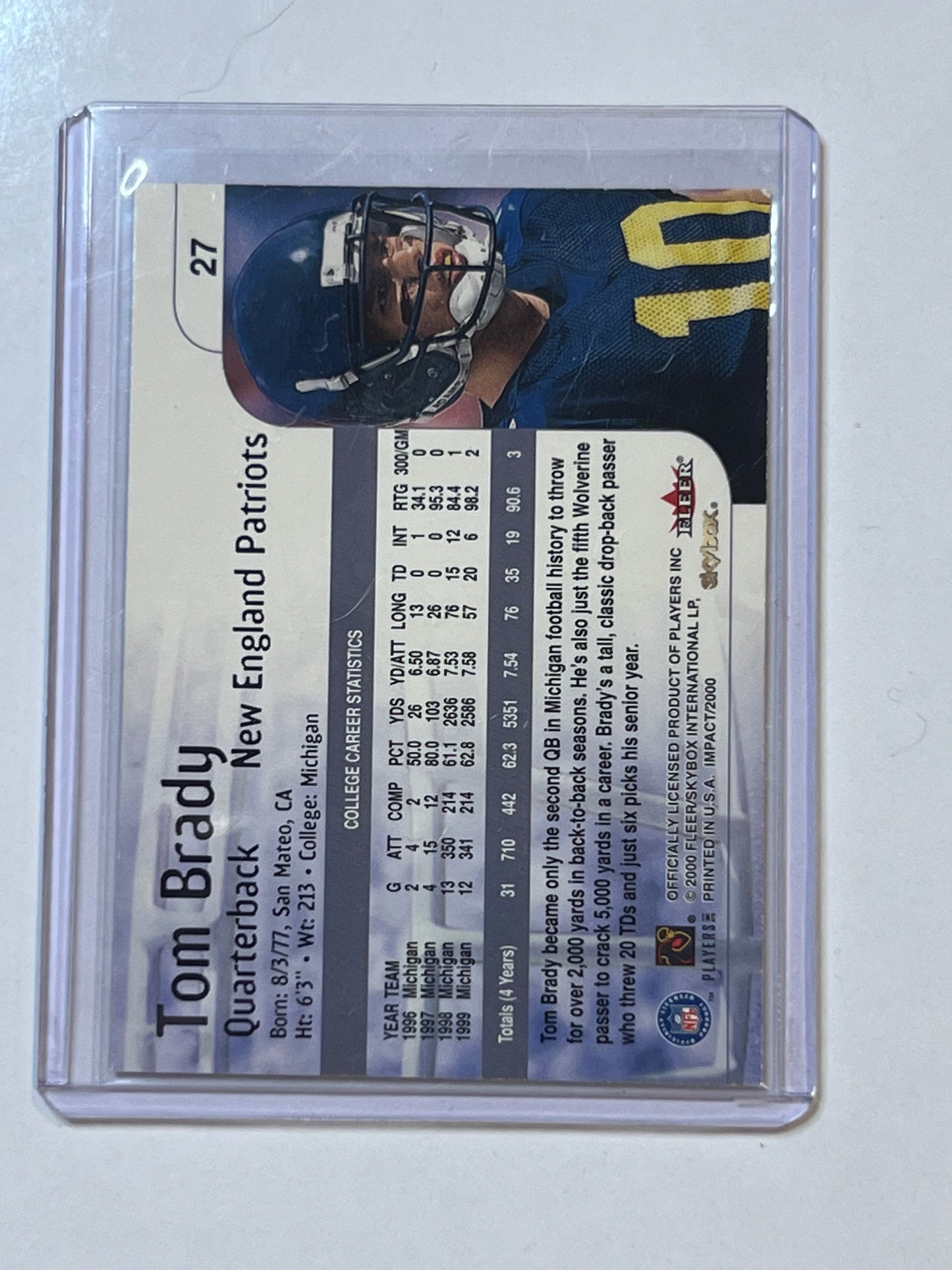 2000 NEW ENGLAND PATRIOTS Tom Brady SKYBOX IMPACT ROOKIE CARD