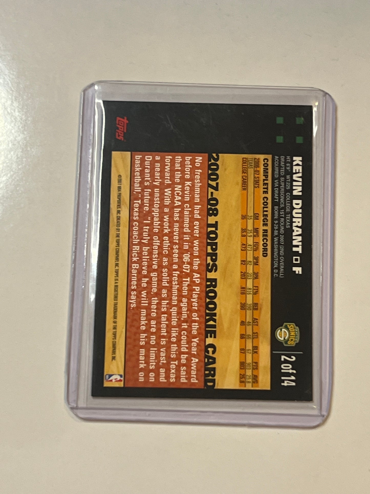2007 TOPPS 50th ANNIVERSARY KEVIN DURANT SEATTLE SUPERSONICS ROOKIE (OUT OF 14)
