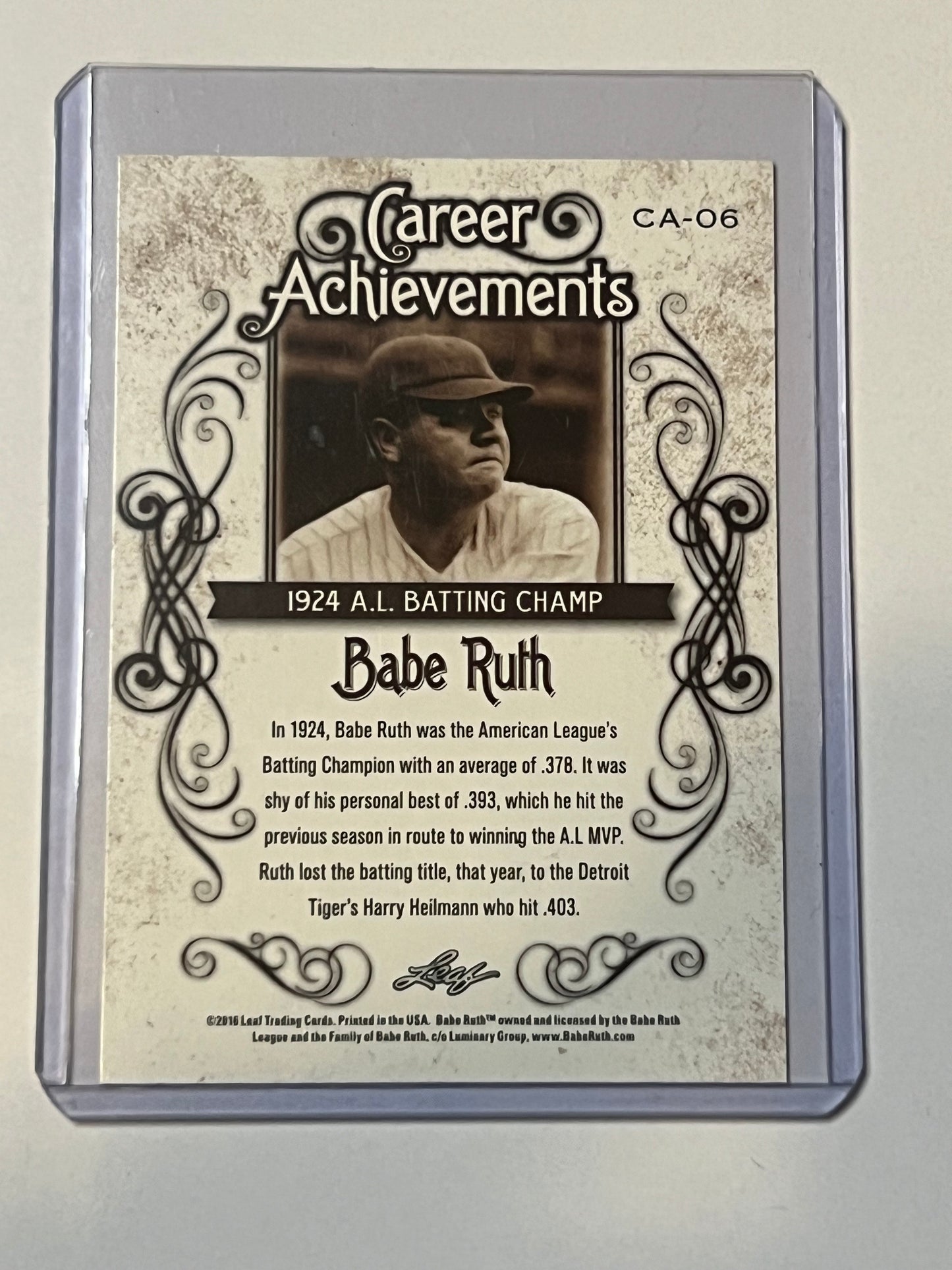 2016 LEAF Babe Ruth CAREER ACHIEVEMENTS CA-06 1924 A.L. BATTING CHAMP