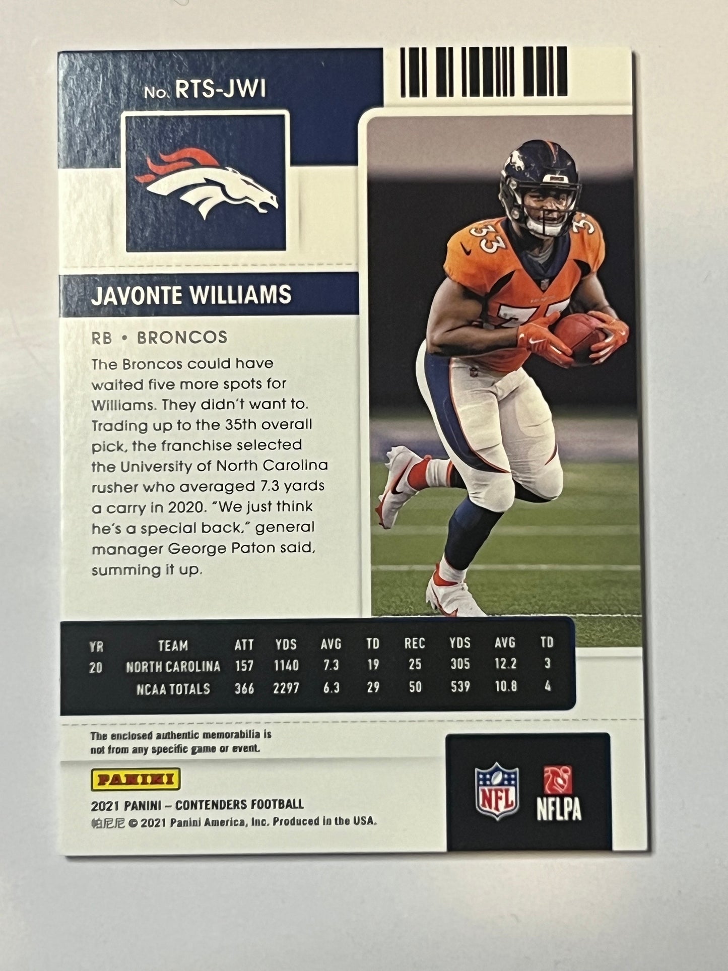 2021 PANINI CONTENDERS Javontae Williams ROOKIE CARD PATCH