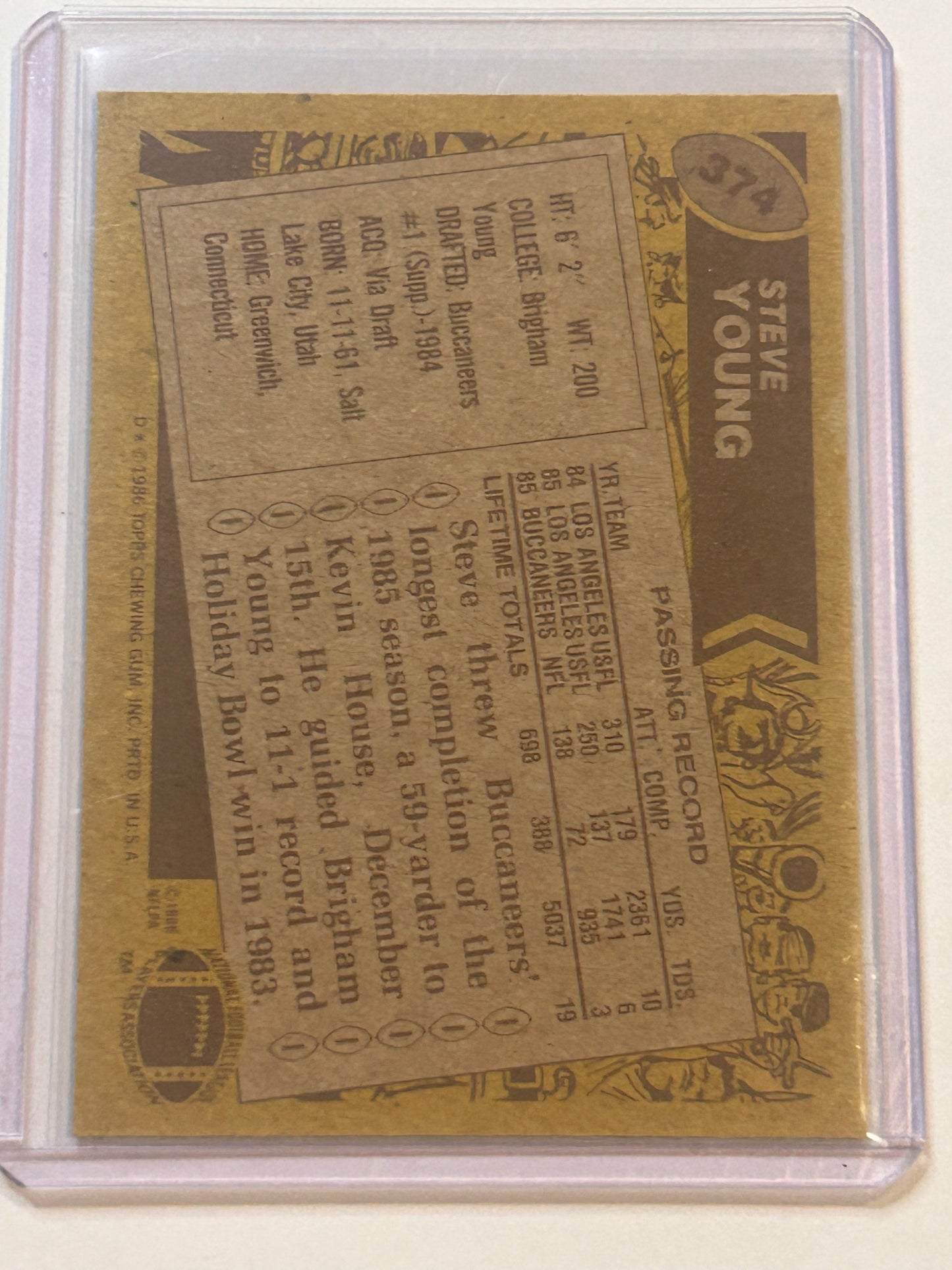 1986 TOPPS Steve Young TAMPA BAY BUCCANEERS #374