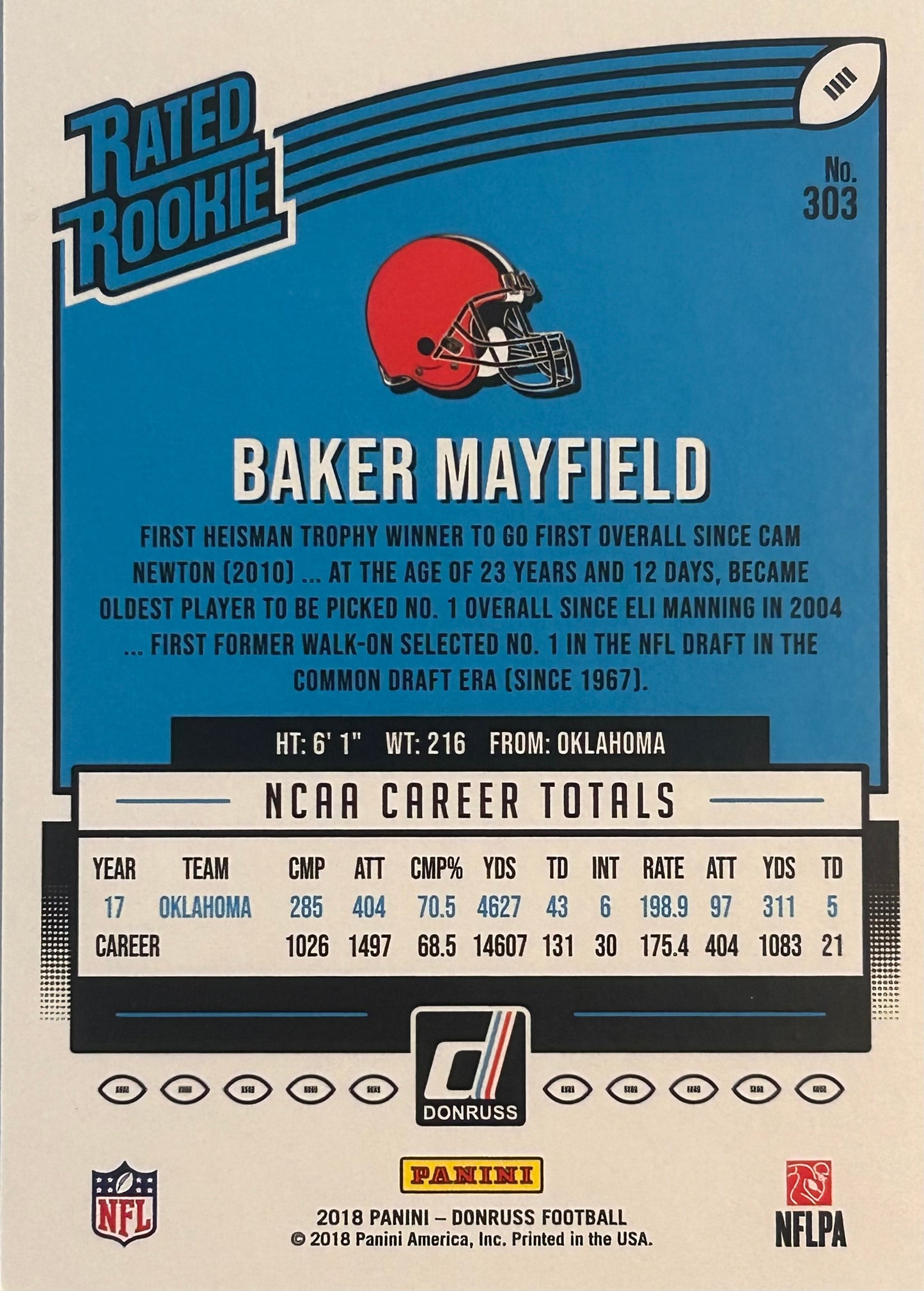 2018 Baker Mayfield CLEVELAND BROWNS RATED ROOKIE #303 CARD