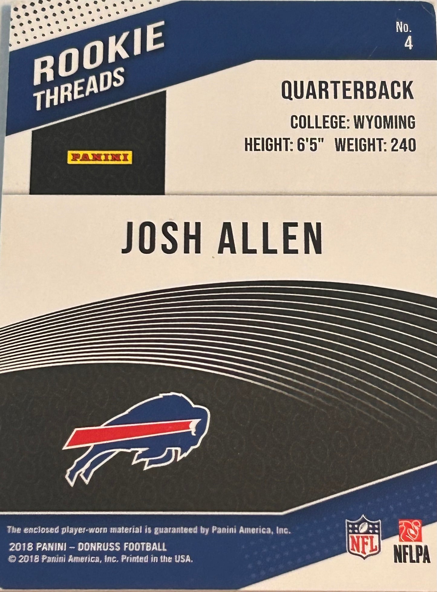 2018 PANINI DONRUSS ROOKIE THREADS Josh Allen #4 ROOKIE CARD