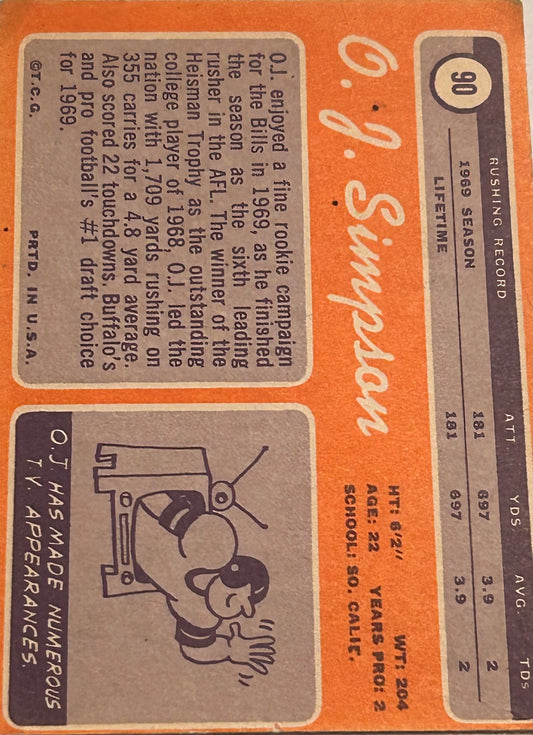 1970 TOPPS FOOTBALL O.J Simpson ROOKIE CARD #90 MINT