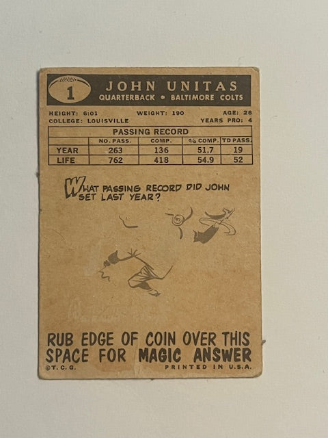 1959 Johnny Unitas BALTIMORE COLTS TOPPS #1