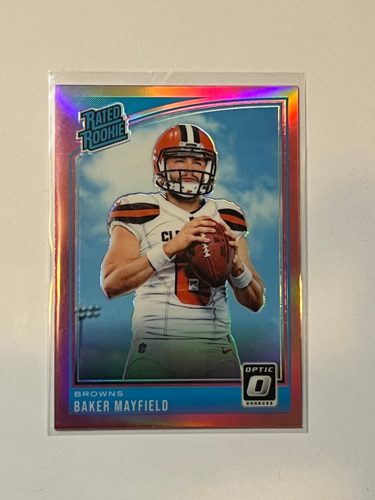 2018 DONRUSS OPTIC Baker Mayfield PINK PRISM ROOKIE CARD #153