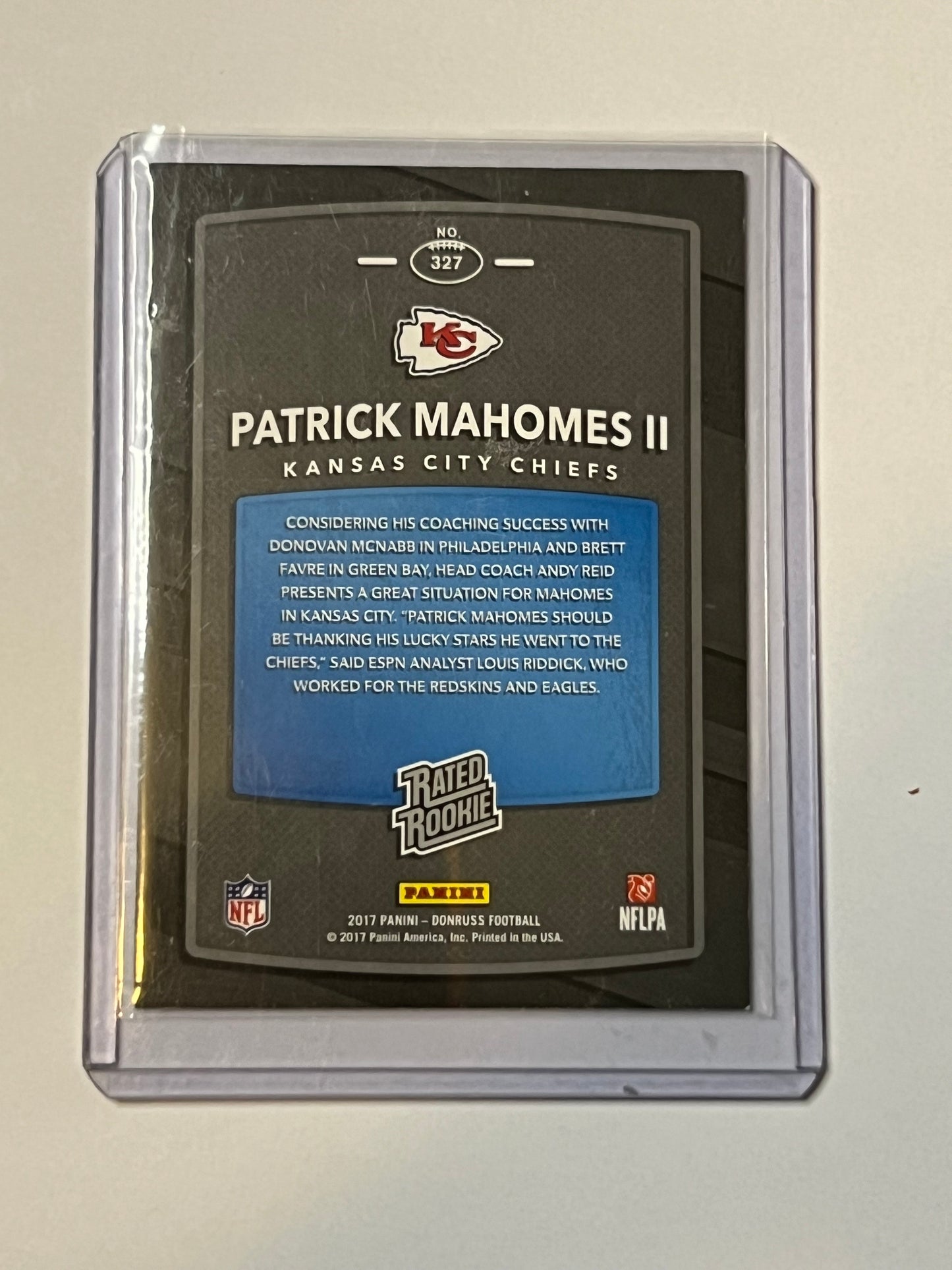 2017 DONRUSS #327 Patrick Mahomes II KANSAS CITY CHIEFS RATED ROOKIE FOOTBALL CARD