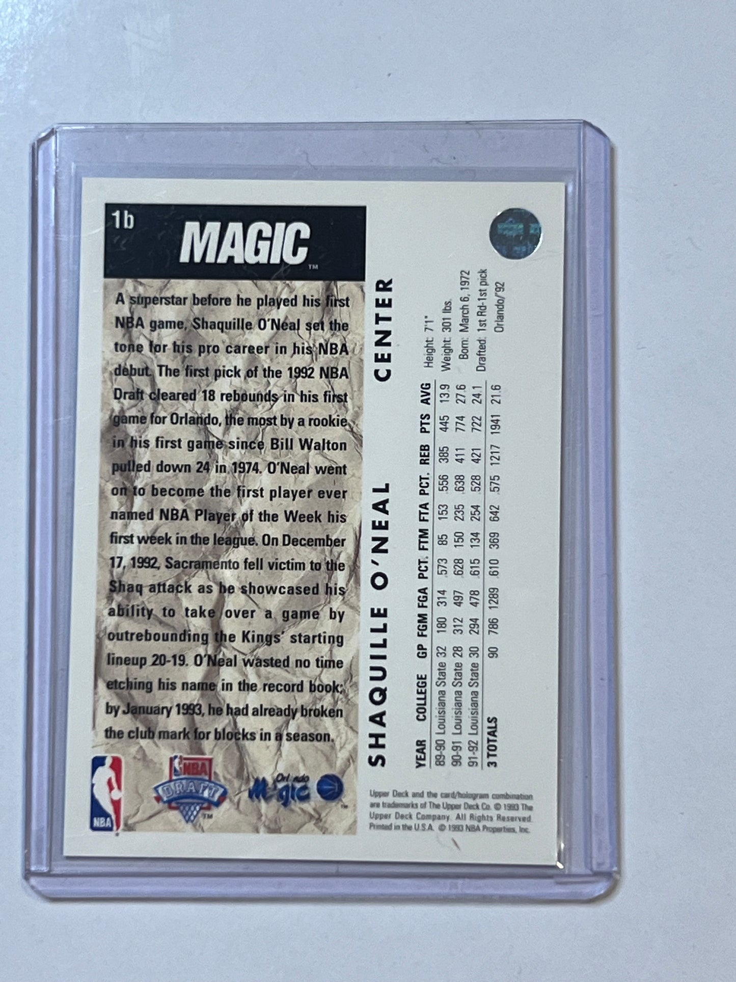 1992/93 UPPER DECK Shaquille O’Neal ROOKIE CARD