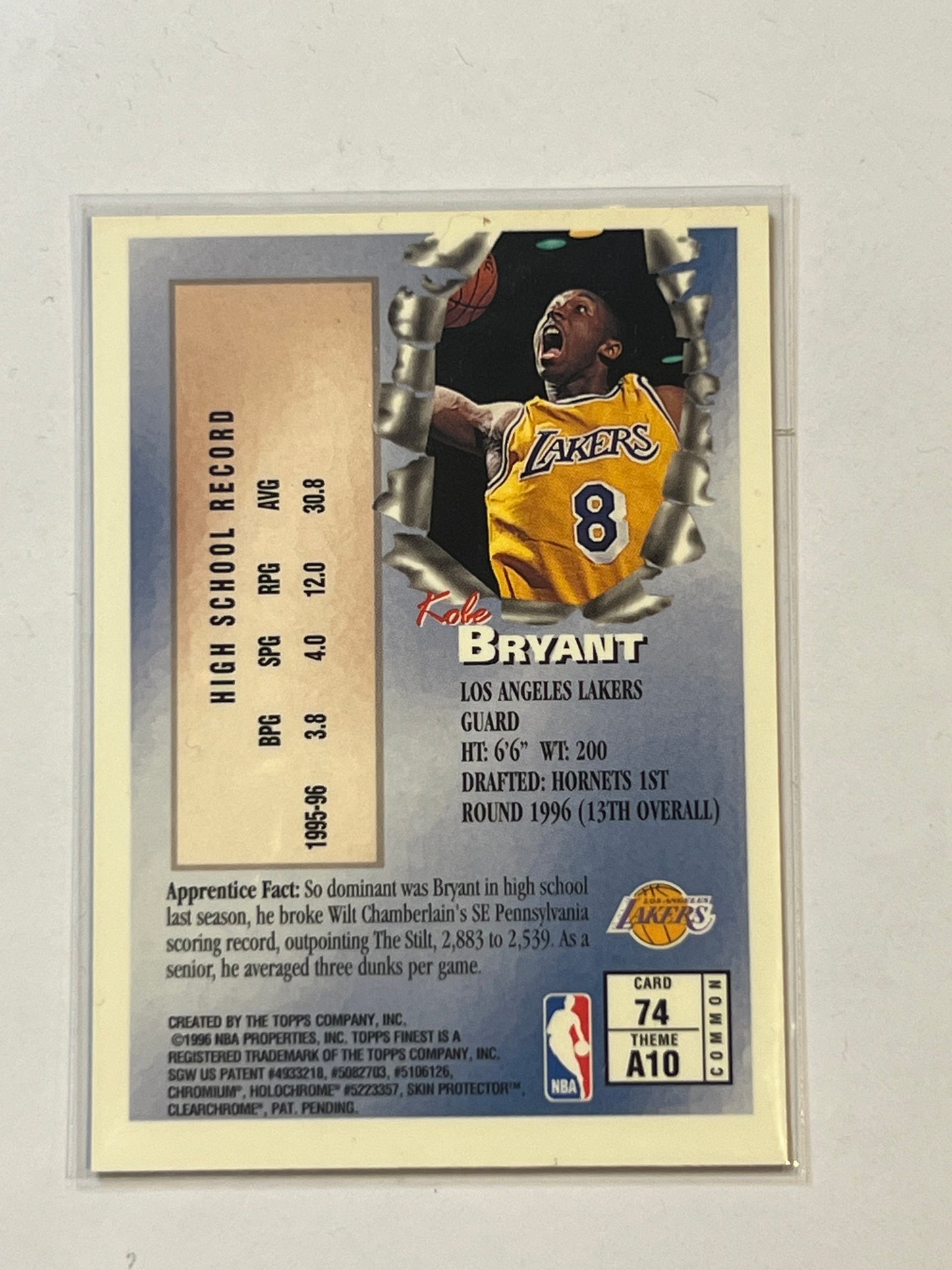 1996 LAKERS Kobe Bryant TOPPS FINEST #74 ROOKIE CARD