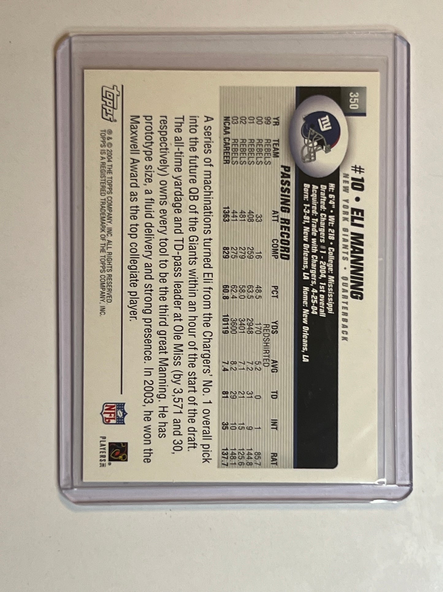 2004 Eli Manning TOPPS ROOKIE #350 NEW YORK GIANTS