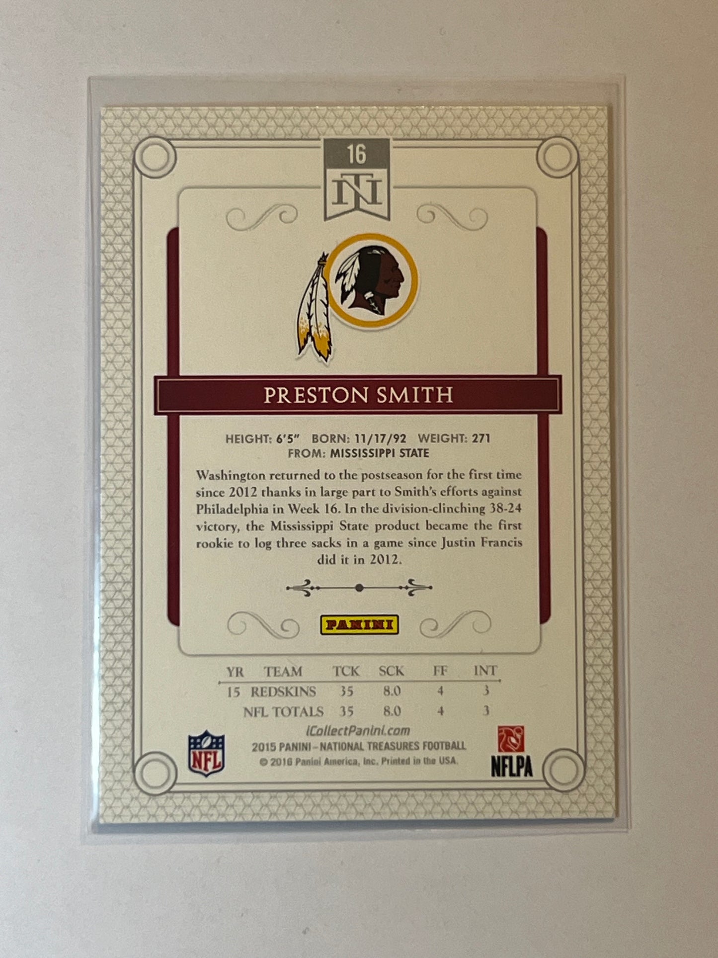 2015 PANINI WASHINGTON REDSKINS Preston Smith NATIONAL TREASURES ROOKIE CARD #16