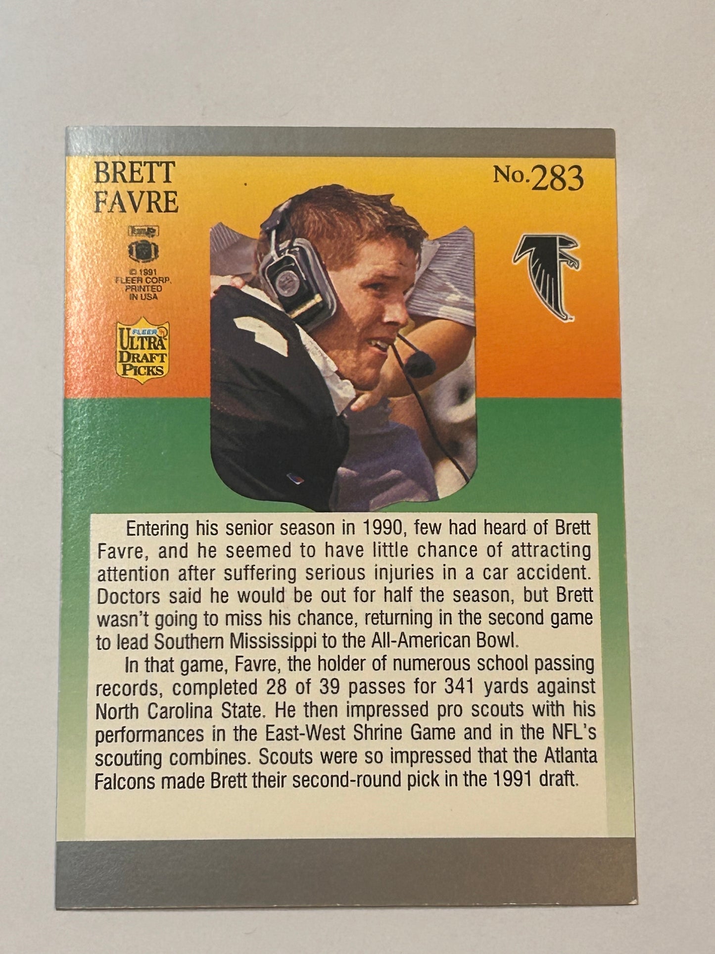 Brett Farve 1991 FLEER ULTRA DRAFT PICKS ROOKIE CARD #283