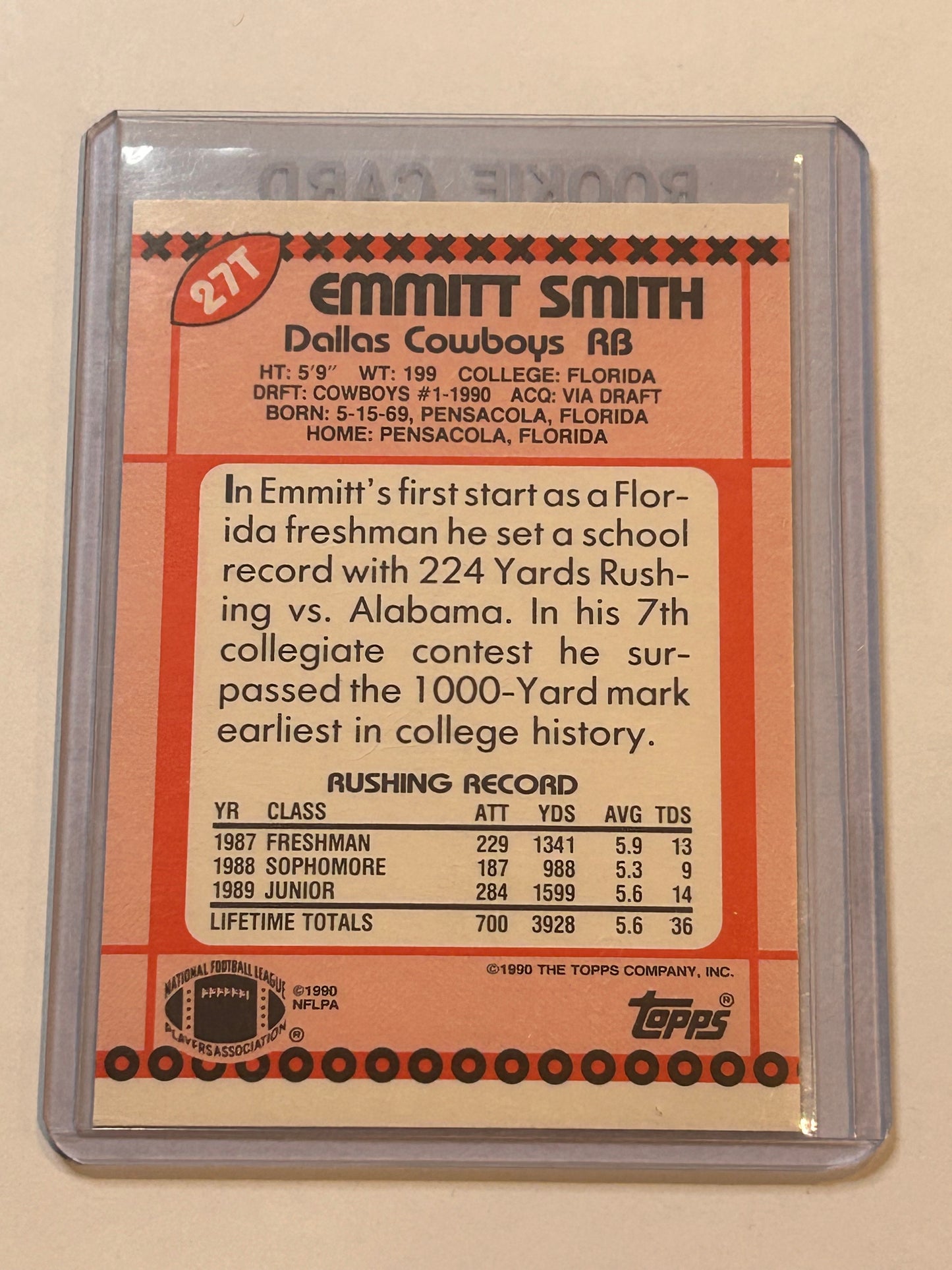 1990 TOPPS Emmitt Smith 27t DALLAS COWBOYS ROOKIE CARD