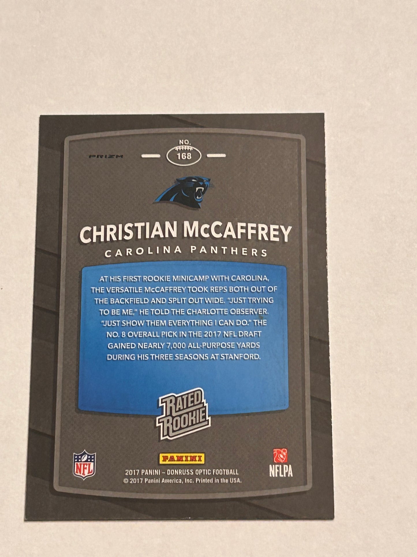 2017 PANINI DONRUSS OPTIC Christian McCaffrey CAROLINA PANTHERS RATED ROOKIE CARD