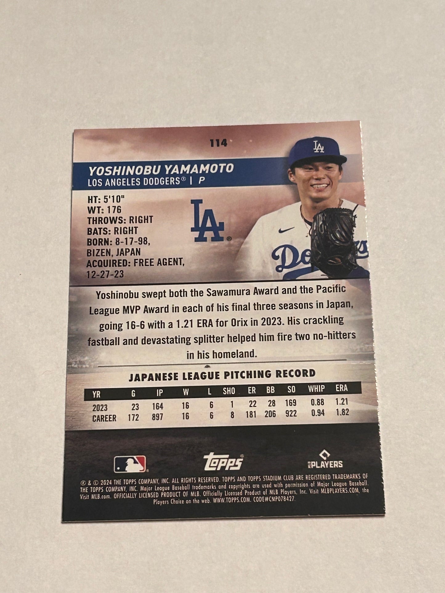 2024 TOPPS STADIUM CLUB Yoshinobu Yamamoto ROOKIE CARD PINK FOIL PARALLEL #114