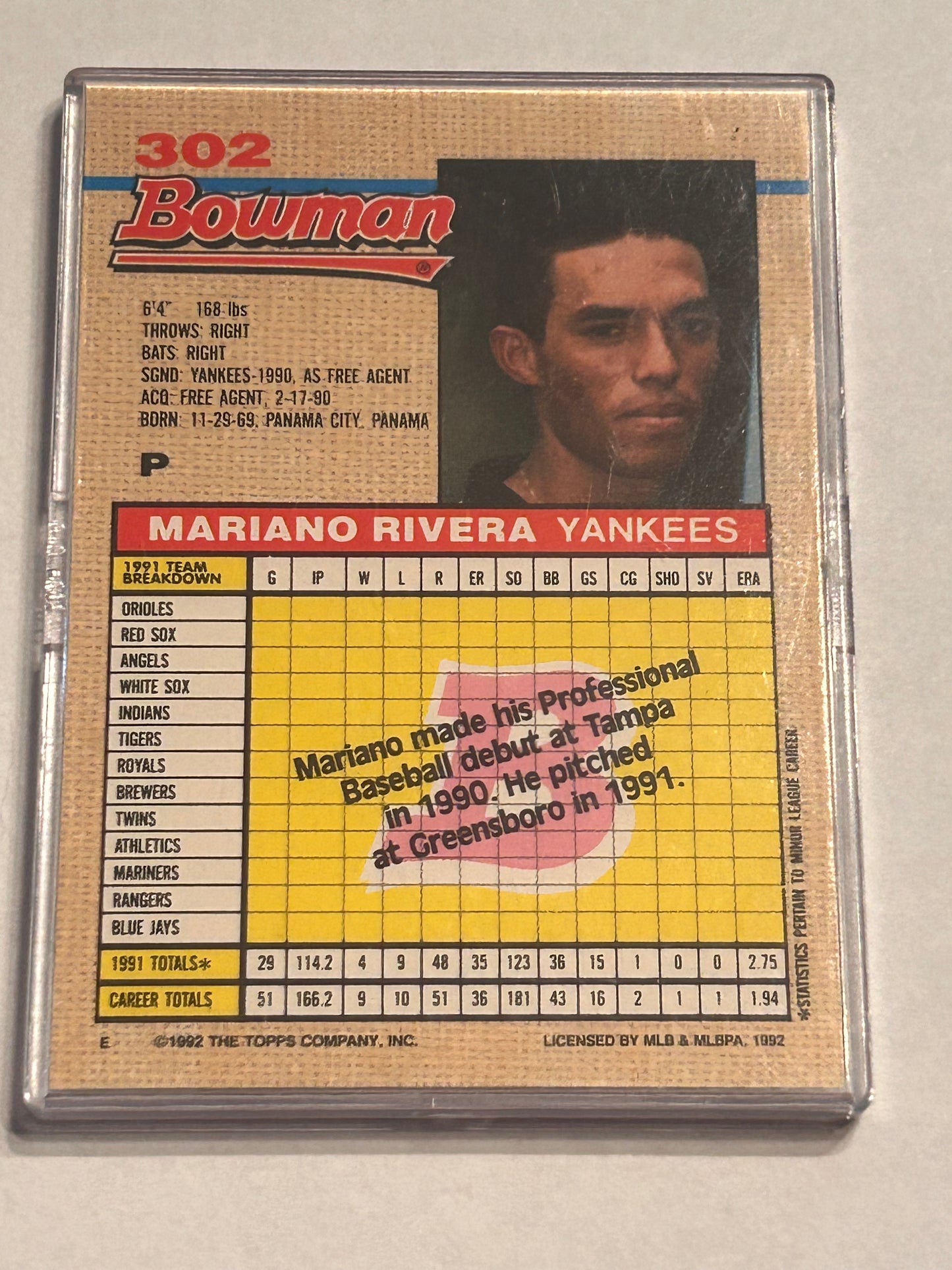 1992 TOPPS Mariano Rivera NEW YORK YANKEES BOWMAN ROOKIE CARD #302