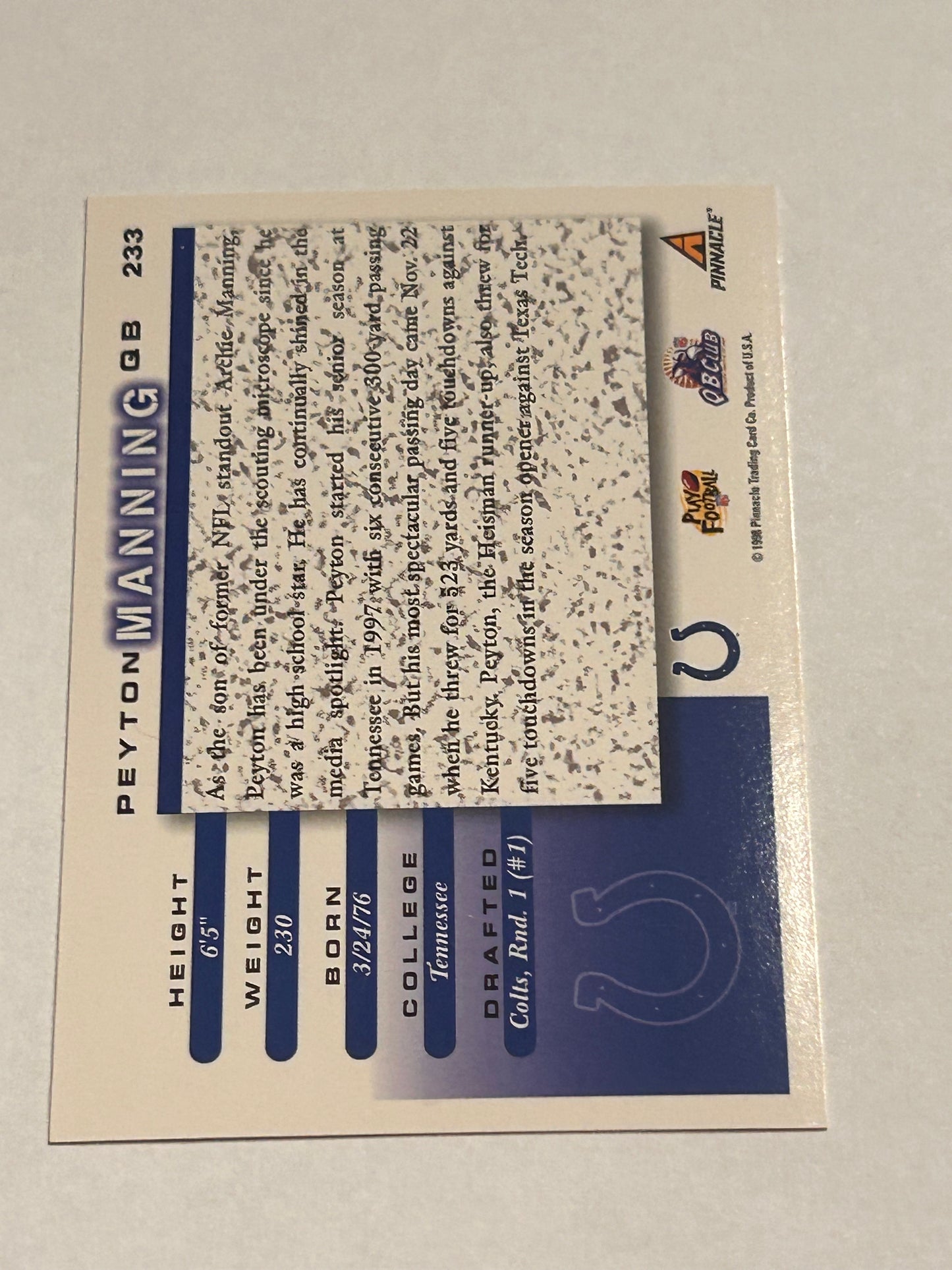 1998 SCORE FOOTBALL #233 Peyton Manning ROOKIE CARD