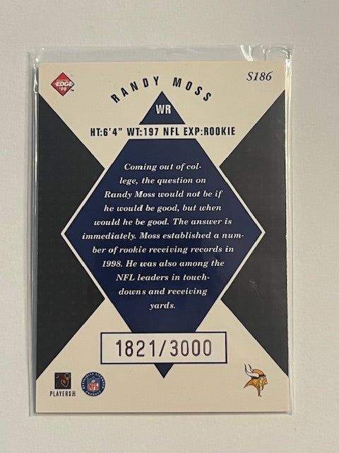 1998 COLLECTOR’S EDGE MASTERS Randy Moss ROOKIE CARD S186 MINNESOTA VIKINGS (OUT OF 3000)